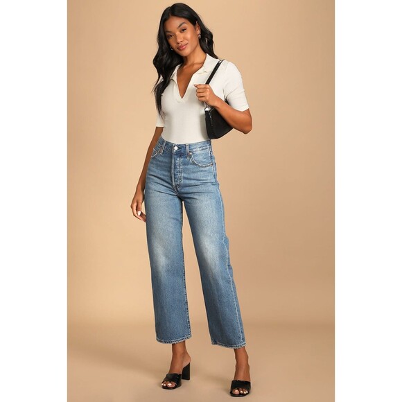 Levis Premium Women Denim Jean 32 Ribcage Straight Ankle Blue High Rise Wide New - Picture 9 of 16